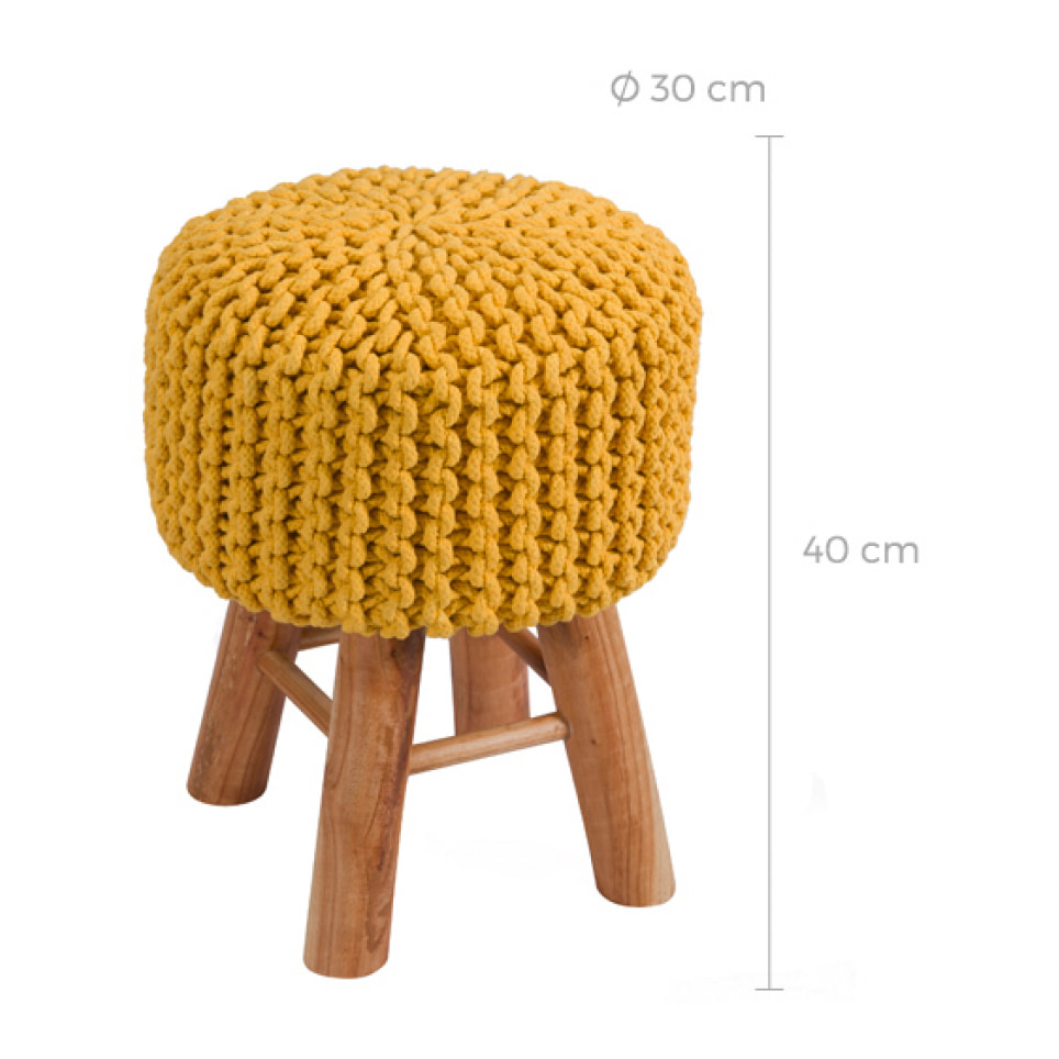 Petit tabouret tricot en coton jaune moutarde - Lisa
