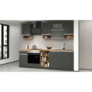 Cucina completa Dceccaron, Cucina pratica e salvaspazio, Parete da cucina con 8 ante e 1 cassetto, 100% Made in Italy, 255x60h85 cm, Antracite e Rovere