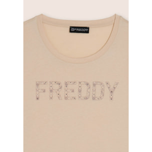 T-shirt con logo frontale in borchie