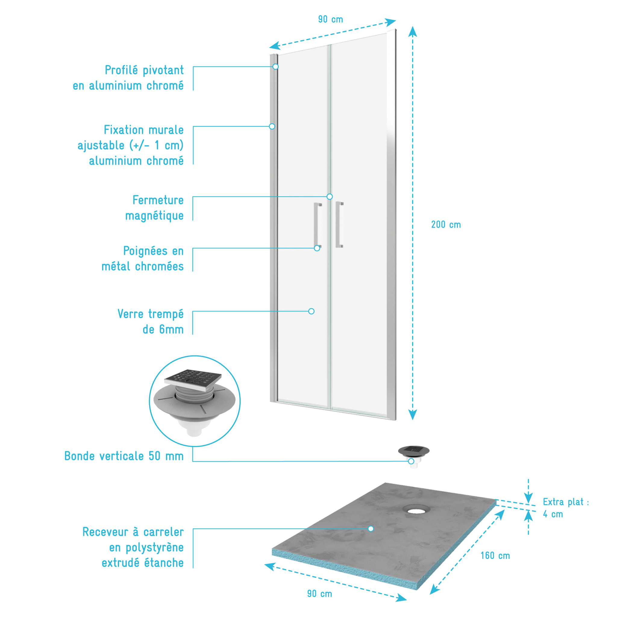 Pack Paroi de douche 90x200 cm + RECEVEUR DE DOUCHE A CARRELER 90x160 RECOUPABLE