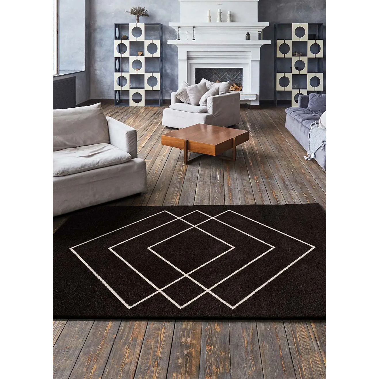 BREDA Alfombra geométrica de pelo corto negro, varias medidas disponibles.
