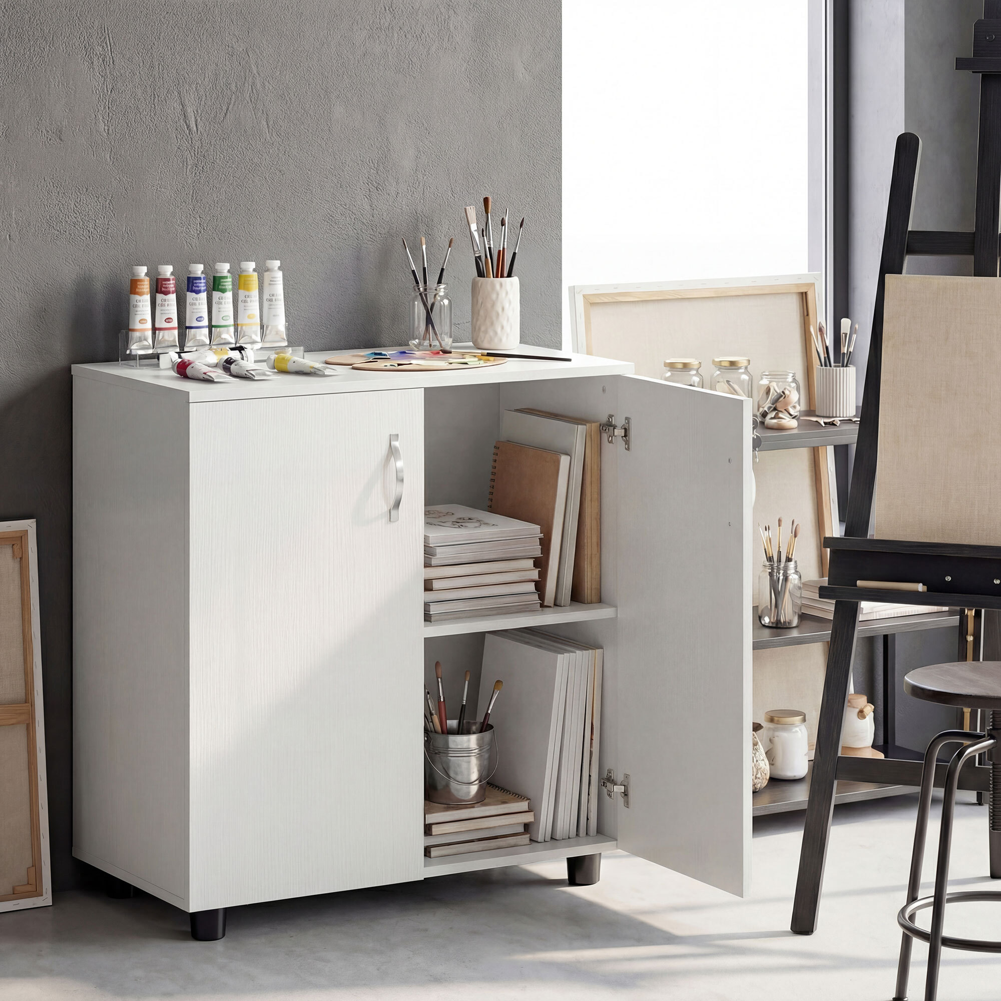 Armoire de bureau verrouillable 2 portes étagère effet bois blanc