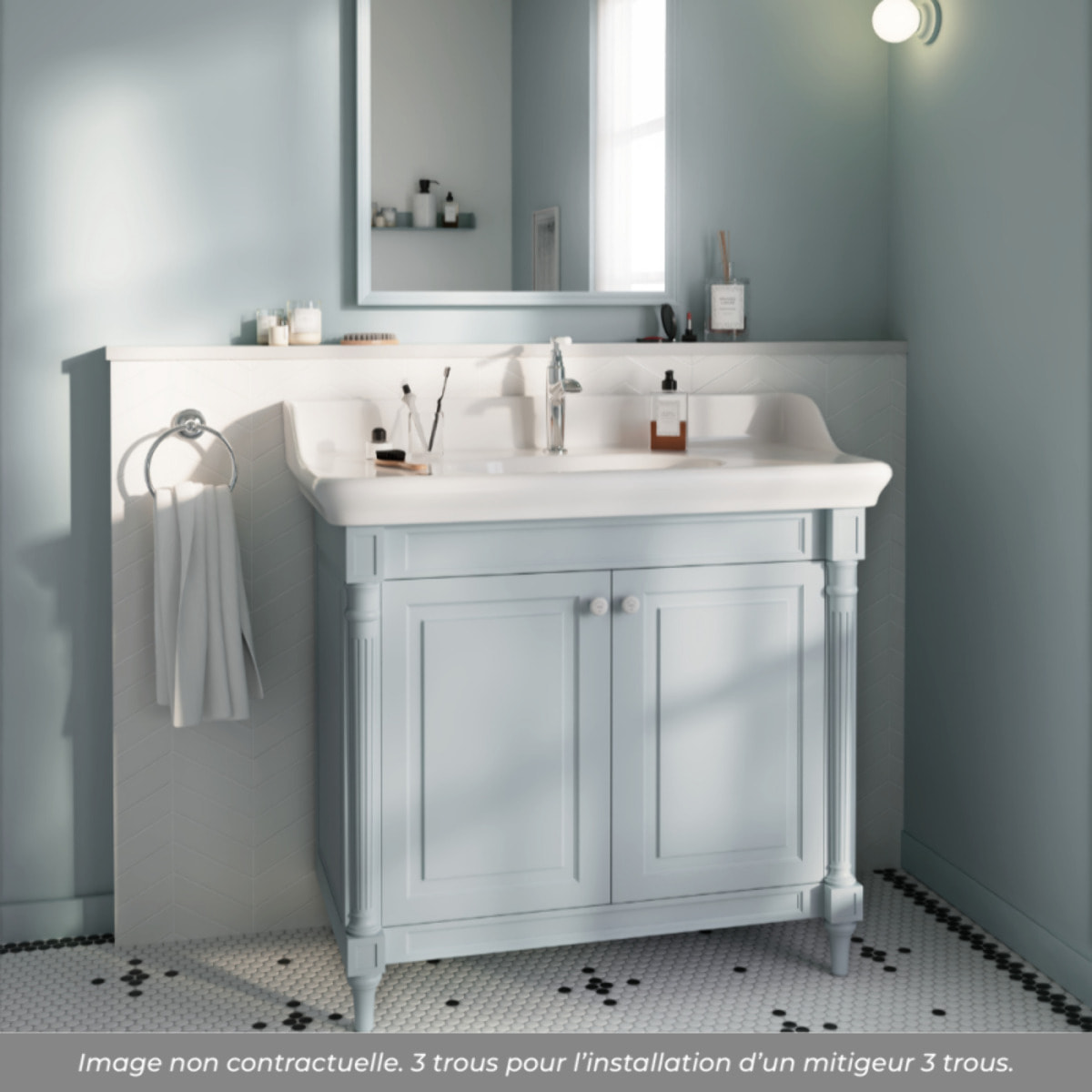 Pack meuble vasque 3 trous Cléo 1889 bleu velours + colonne droite + mélangeur poignés or