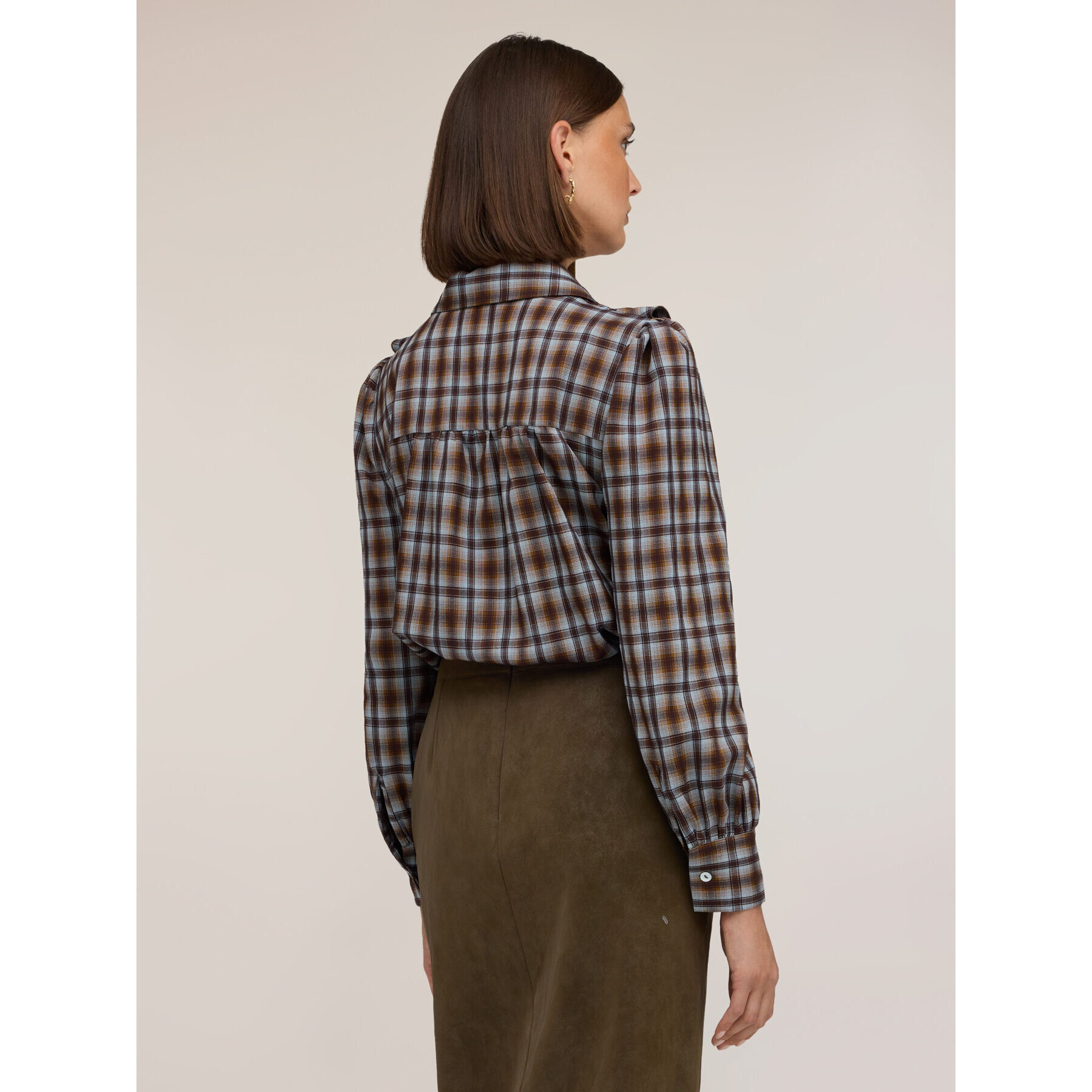 Motivi - Camicia a fantasia check con volant - Marrone