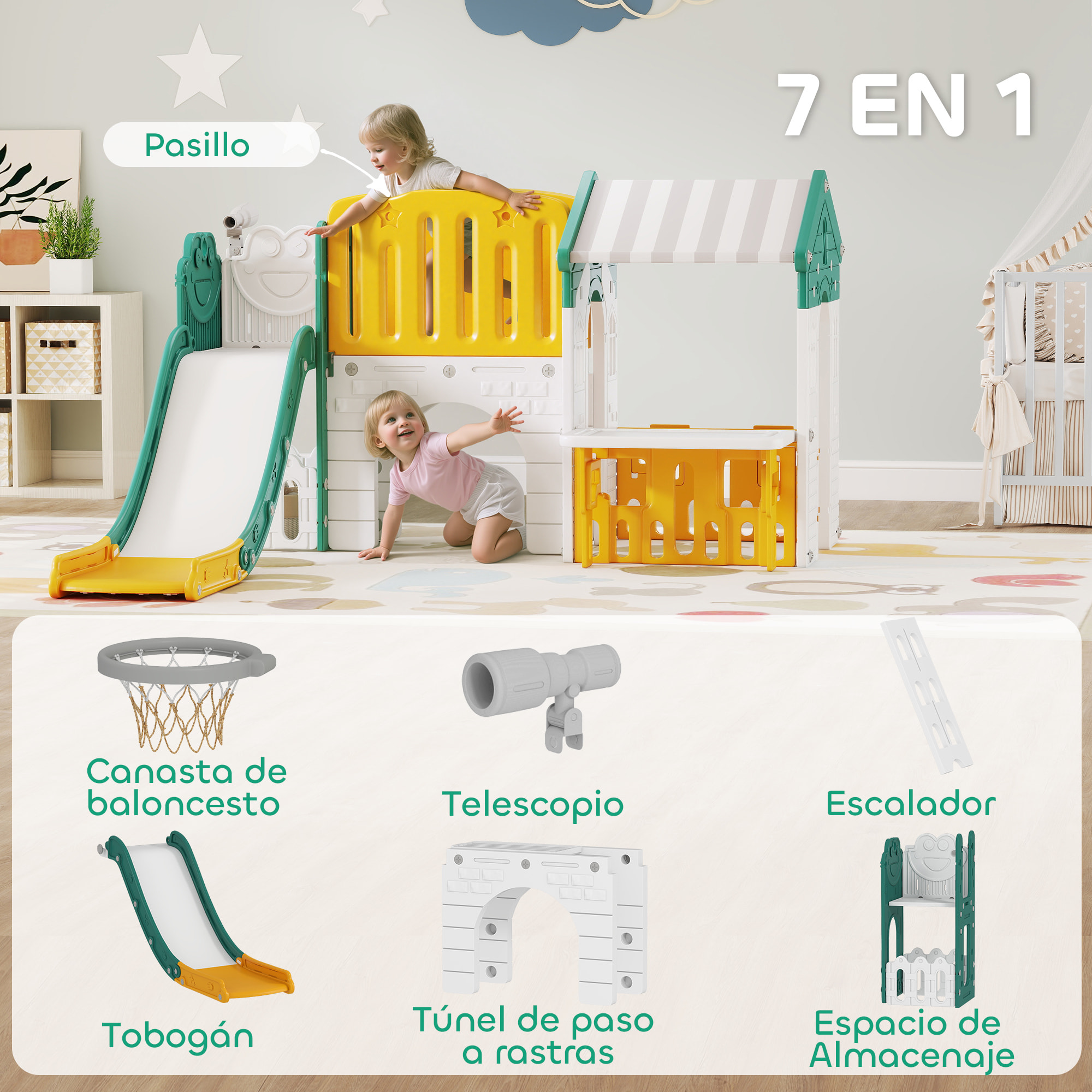 Tobogán Infantil 7 en 1 con Caseta para Niños, Tobogán con Escalera, Aro de Baloncesto, Túnel, Pizarra, Telescopio, para Interior, Amarillo y Verde