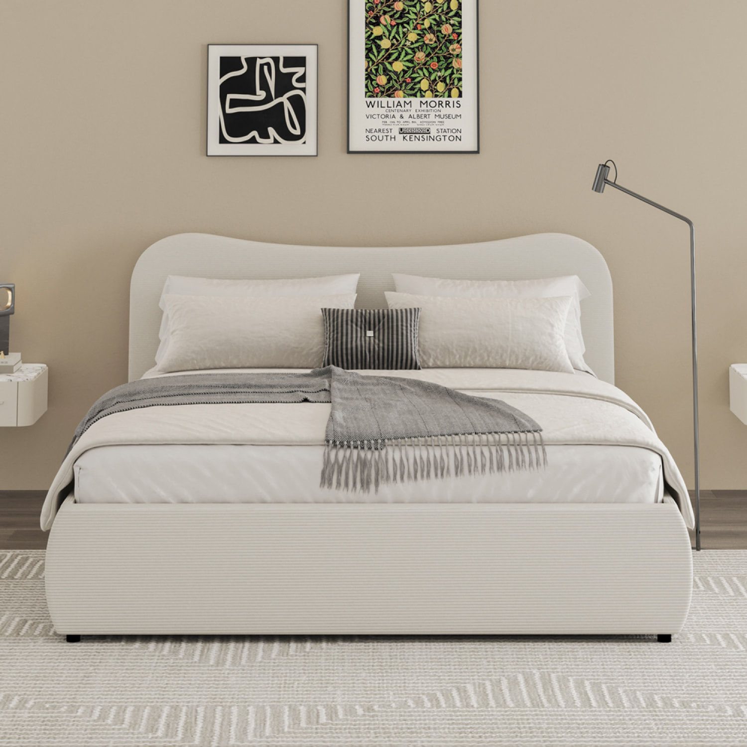 MILANO Lit coffre 140x190cm design arrondi velours côtelé beige