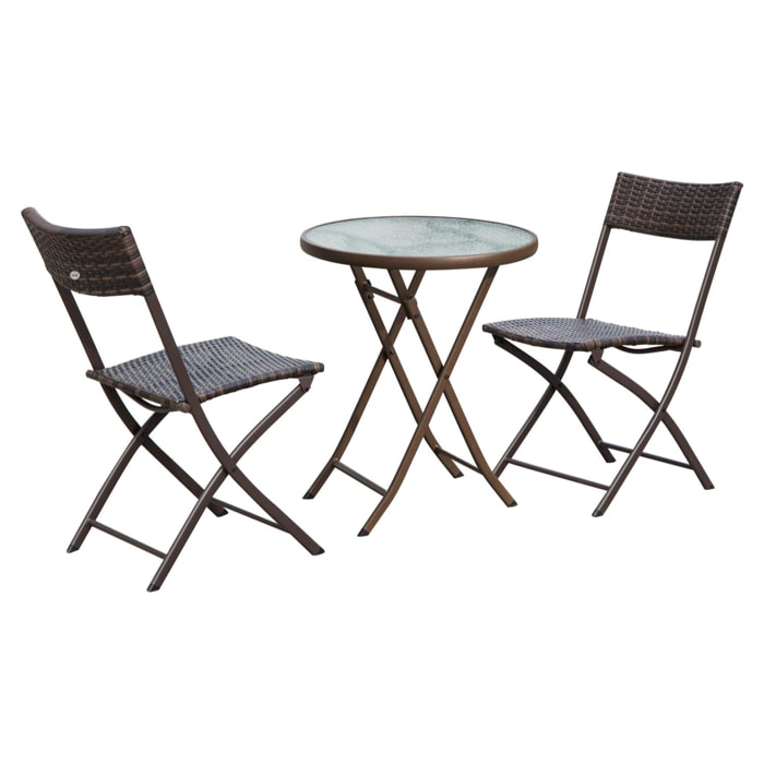Ensemble salon de jardin 2 places table ronde pliable plateau verre trempé chaises pliantes résine tressée chocolat