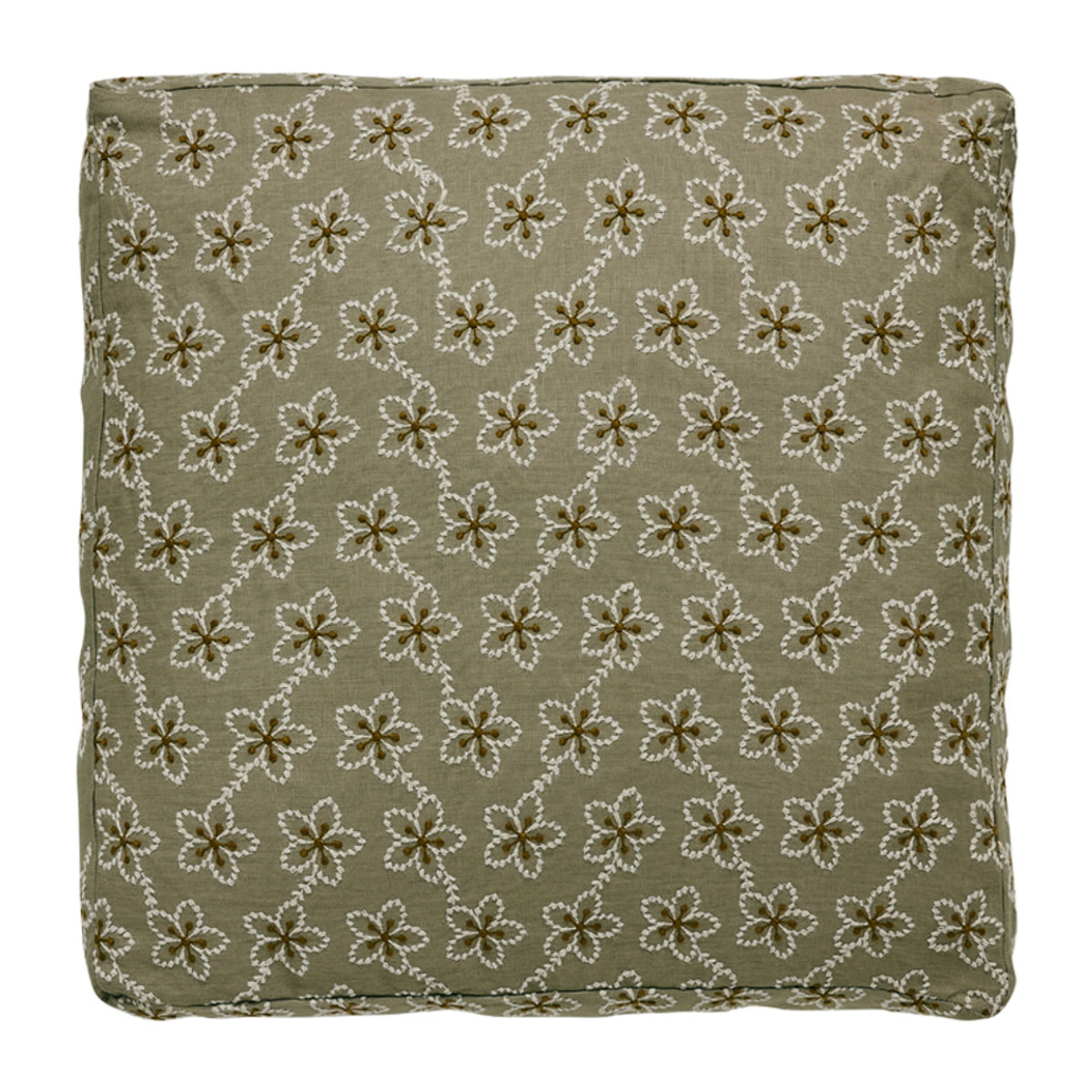 Housse de coussin brodée en lin, Made in France, FLEURS , vert moyen