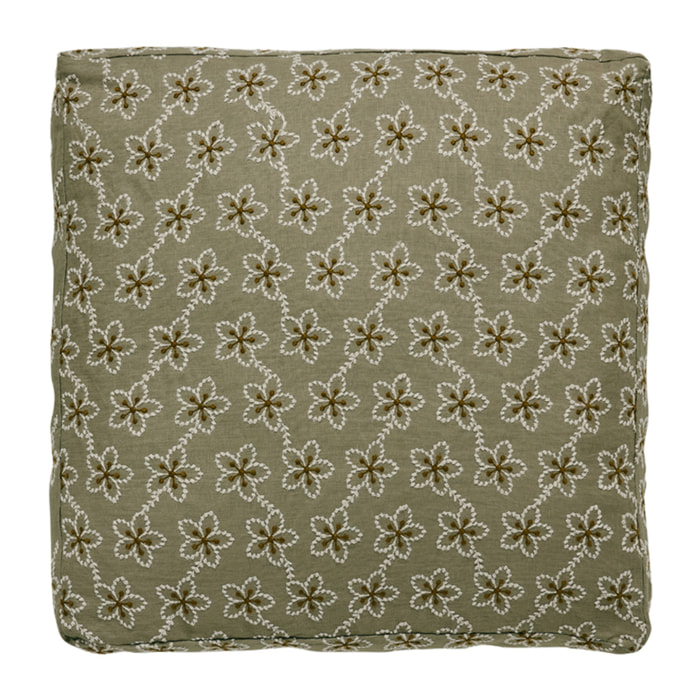 Housse de coussin brodée en lin, Made in France, FLEURS , vert moyen
