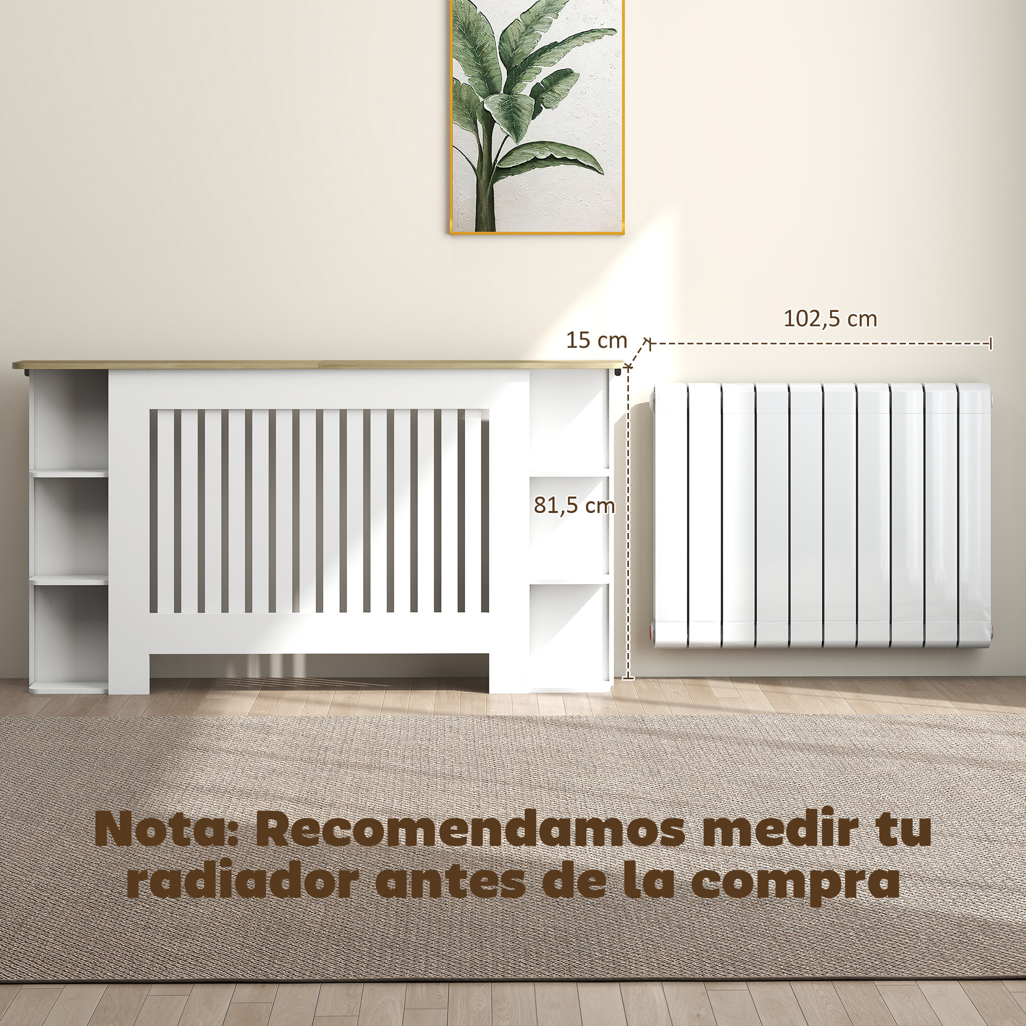 Cubre Radiadores con Estantes, Cubreradiador de MDF, Cubierta para Radiador, Diseño Moderno de Listones, para Salón, Dormitorio, 152x19x83 cm, Blanco