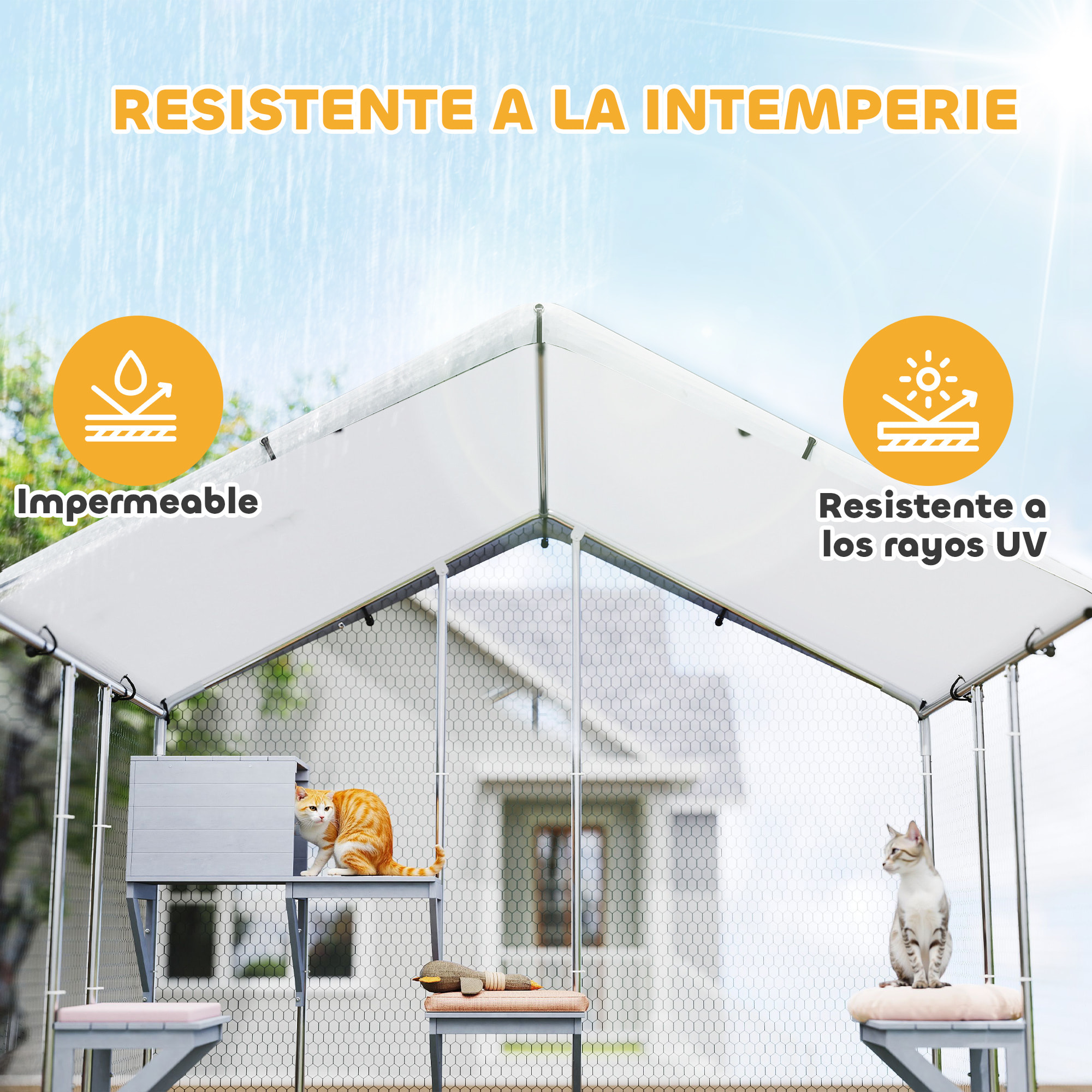 Jaula para Gatos para Exterior Recinto para Gatos con Cubierta Impermeable 420D Plataformas y Condominio para 5 Gatos Refugio para Pollos Conejos 200x170x195 cm Plata