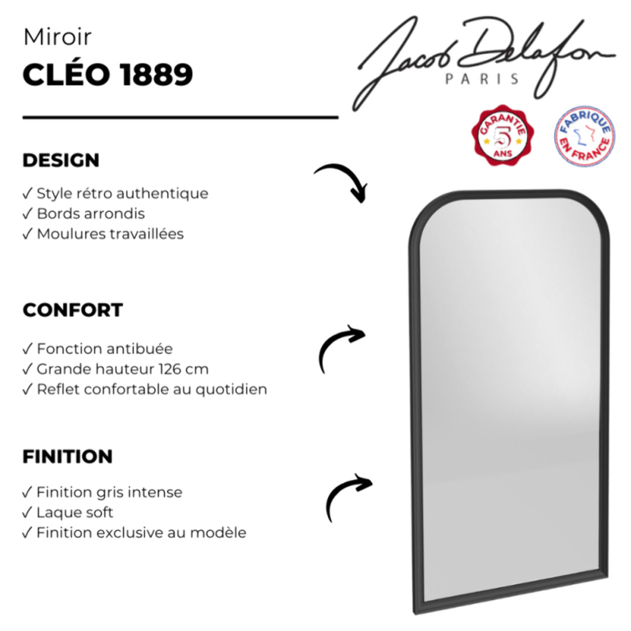 Miroir vertical salle de bain Cléo 1889 Gris Intense