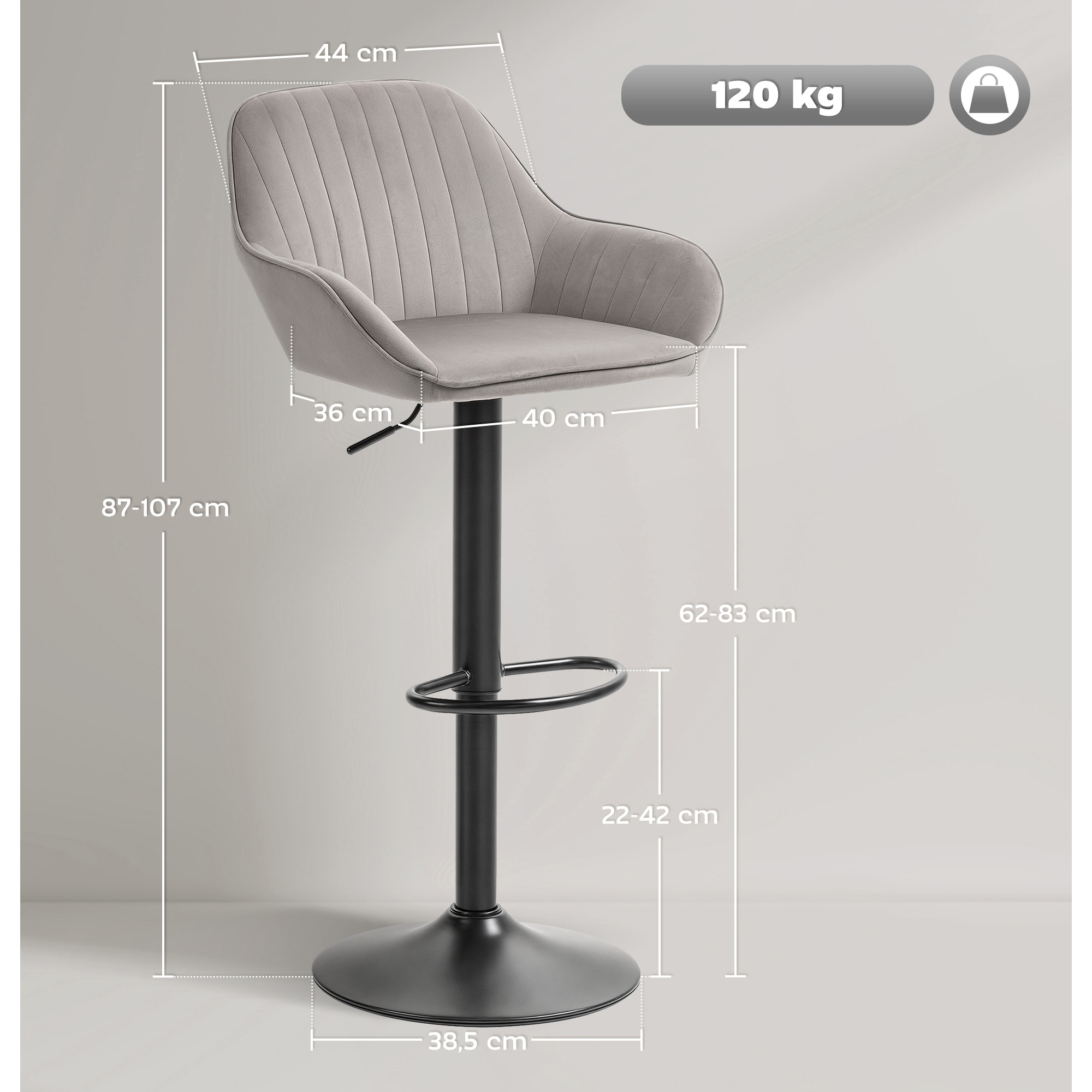 Juego de 2 Taburetes de Bar Giratorios, Taburetes Altos de Cocina con Altura Ajustable 62-83 cm, Sillas Altas de Cocina, Tapizada en Terciopelo, Respaldo y Reposapiés, Gris