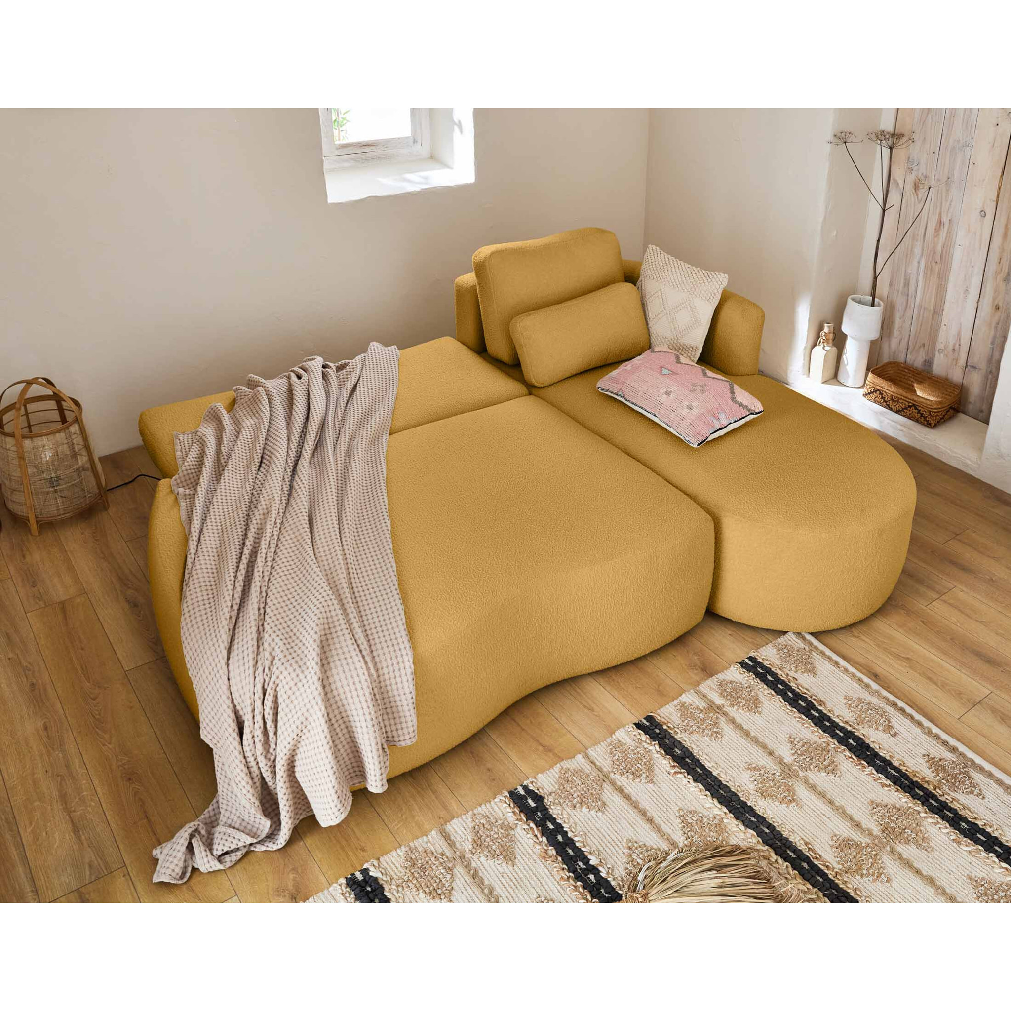Mahina - canapé d'angle droit - 4 places - convertible avec coffre - en tissu bouclette - Jaune