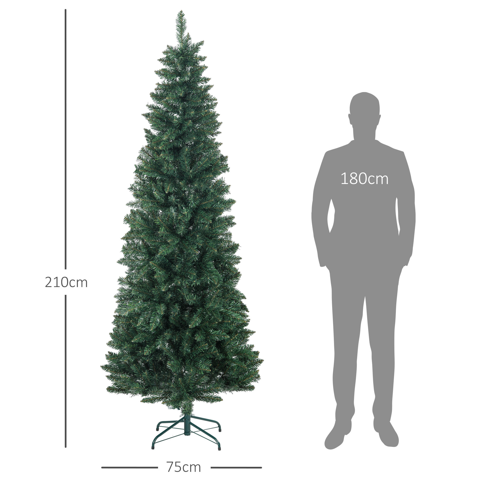 Árbol de Navidad Estrecho 210 cm Árbol de Navidad Tipo Lápiz con Base Plegable y 687 Ramas para Dormitorio Oficina Verde