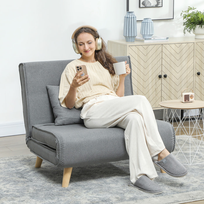 Sofá Cama de 1 Plaza 3 en 1, Sillón Cama Plegable Tapizado en Lino Sintético, con Respaldo Ajustable en 6 Niveles, Almohada, Asiento Ancho, Patas de Madera, 90x78x79 cm, Gris
