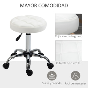 Taburete Giratorio con Ruedas Regulable en Altura de 48-63 cm Taburete de Trabajo Tapizado en Cuero PU para Peluquería Cosmética Dentista Diámetro Ø35,5 cm Blanco