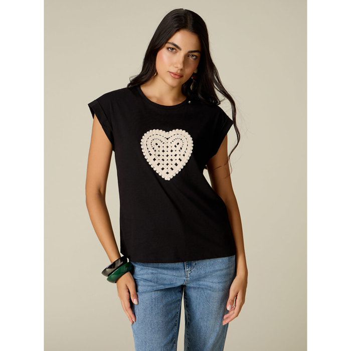 Oltre - T-shirt in cotone con ricamo in crochet - Nero