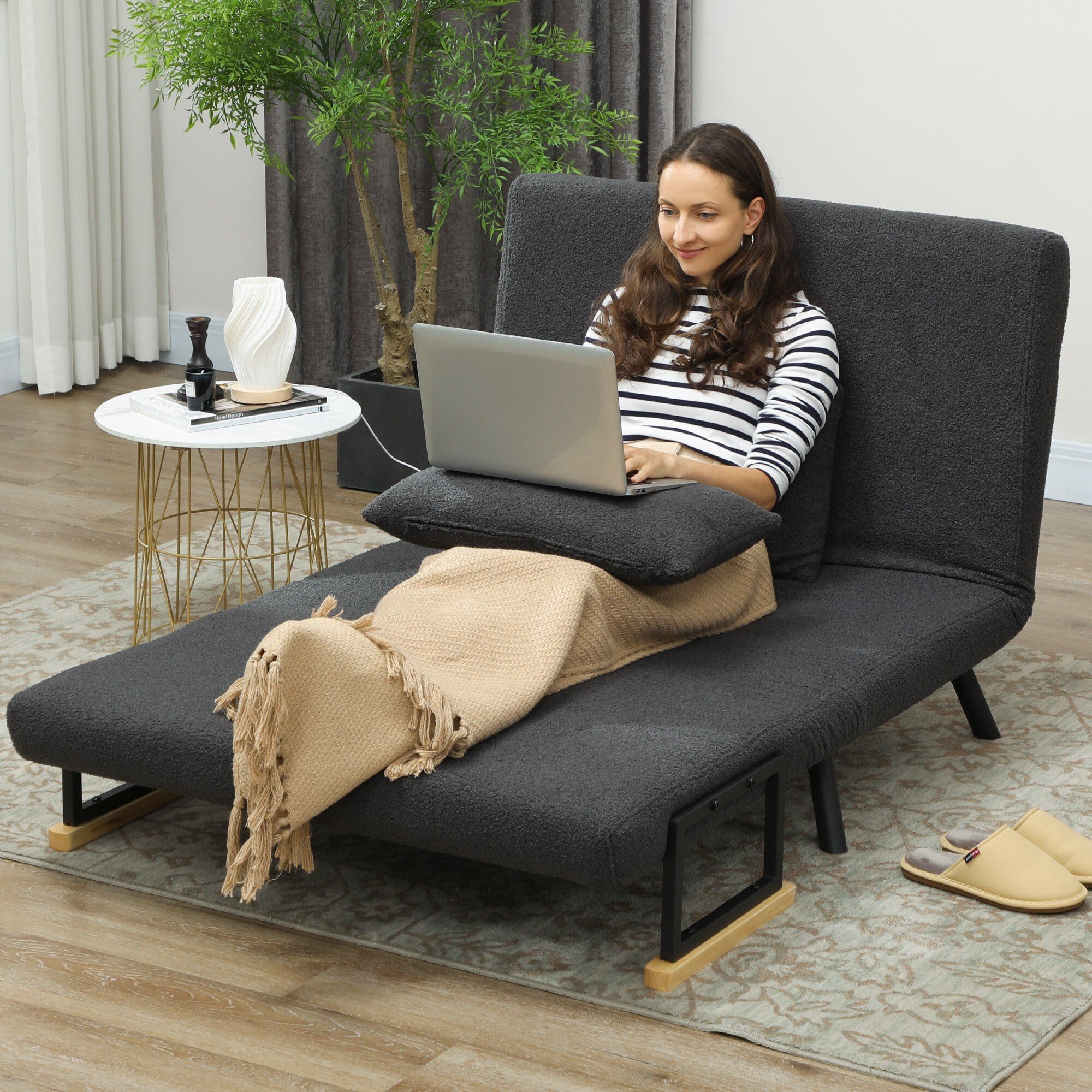 Sofá Cama de 2 Plazas 4 en 1 Sofá Cama Plegable Tapizado en Borreguito con Respaldo Ajustable de 5 Niveles y Almohadas Acolchadas para Oficina Dormitorio Salón 102x73x81 cm Gris Oscuro