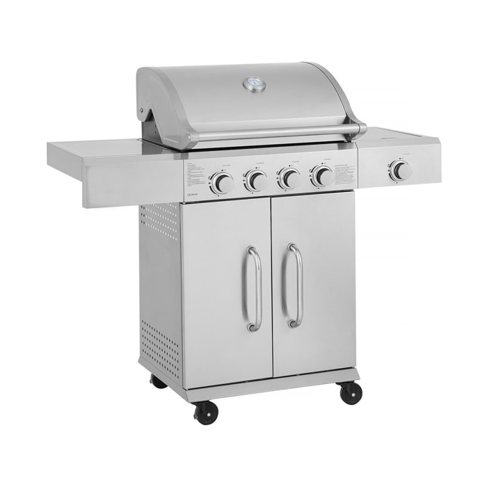 Barbecue gaz en inox avec 5 brûleurs dont 1 latéral "Brazzo" - 118 x 57 x 104 cm - Gris clair