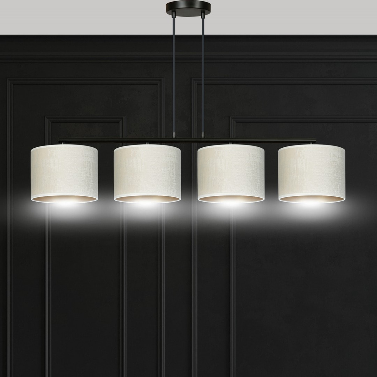 Lampada a sospensione Hilde in acciaio nero e tessuto bianco