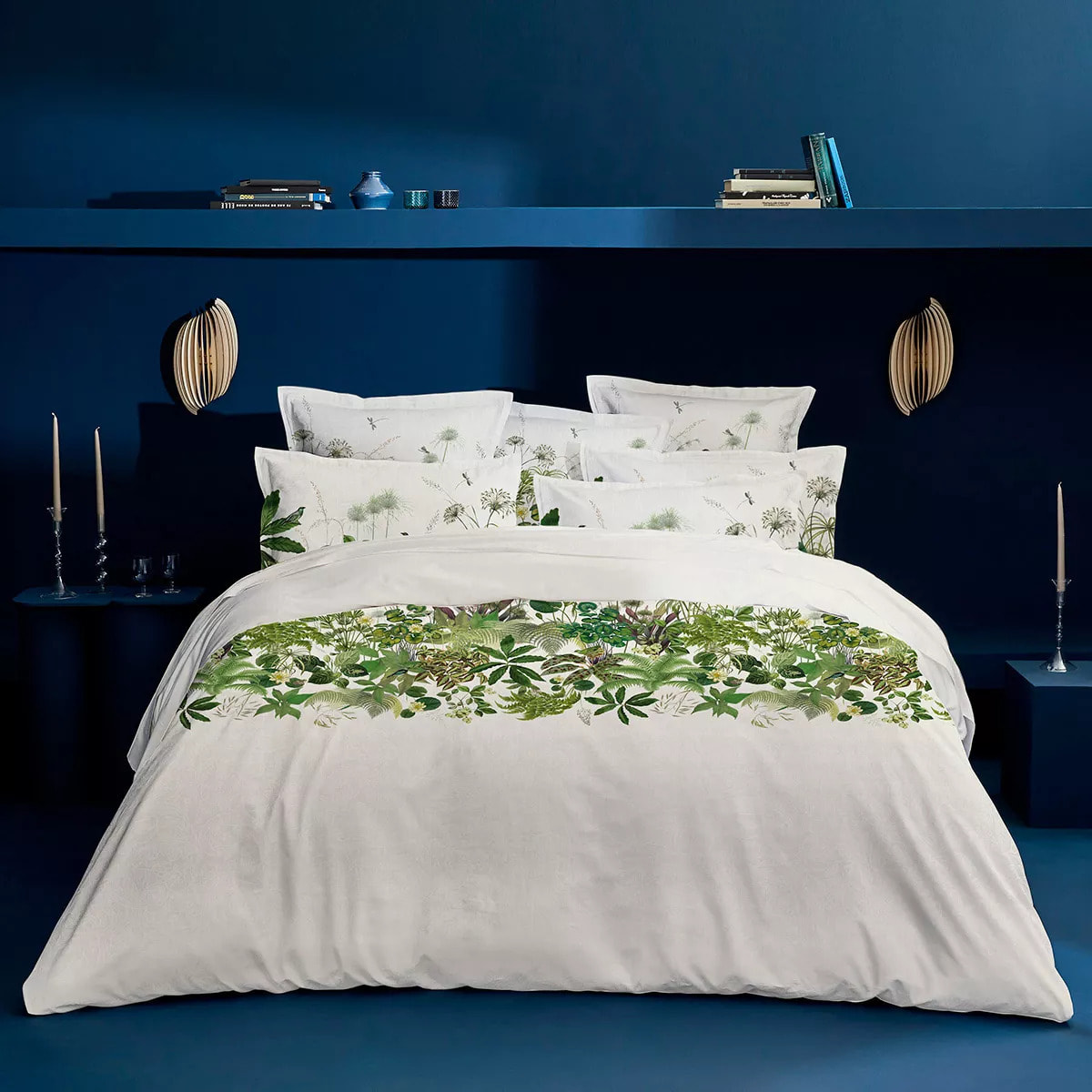 Lot h.couette +taies percale de coton imprimé beige vert Nenuphars parchemin