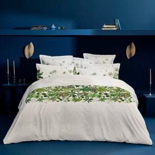Lot h.couette +taies percale de coton imprimé beige vert Nenuphars parchemin