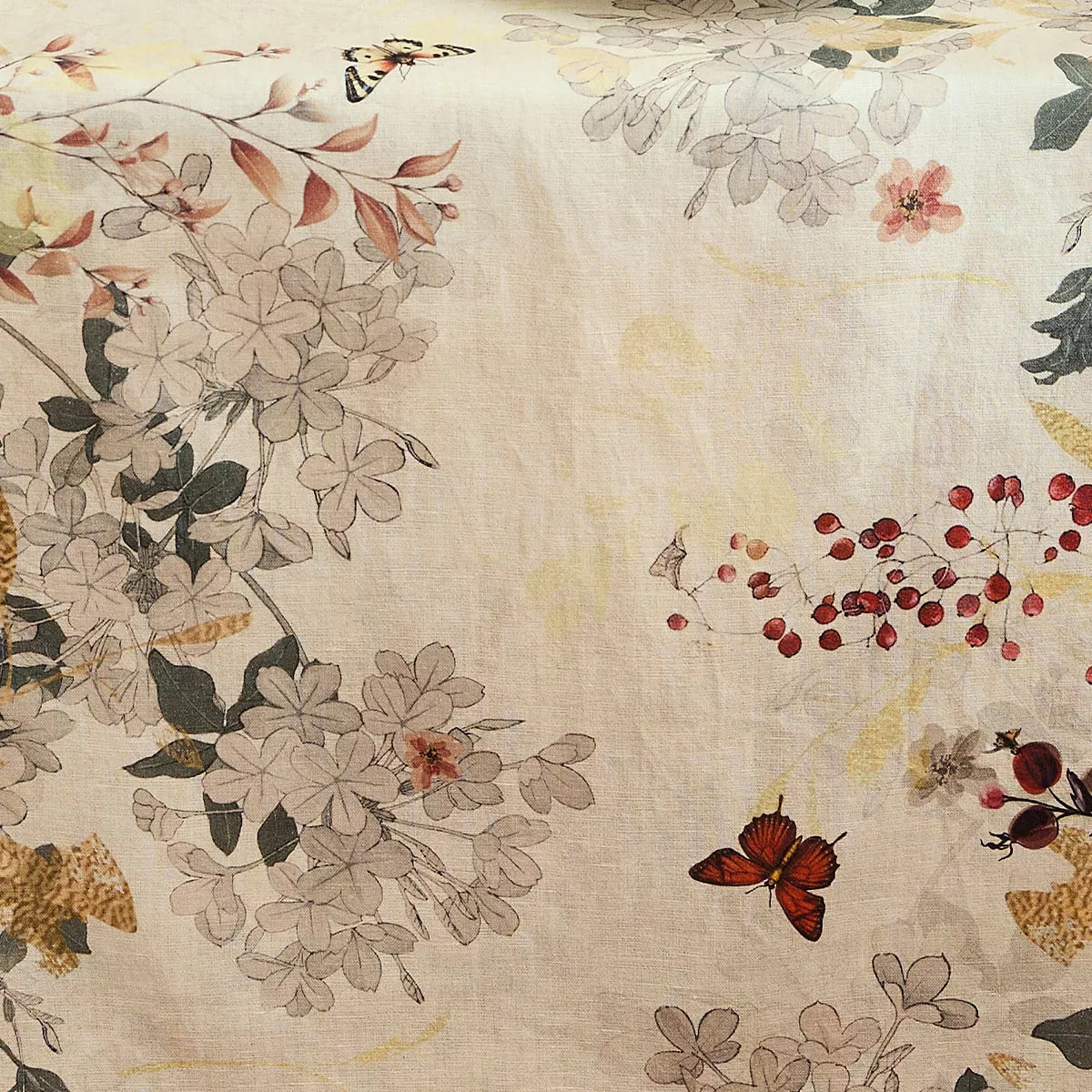 Chemin de table lin & coton lavé 150 g/m² imprimé beige bordeaux Vintage flowers cranberry