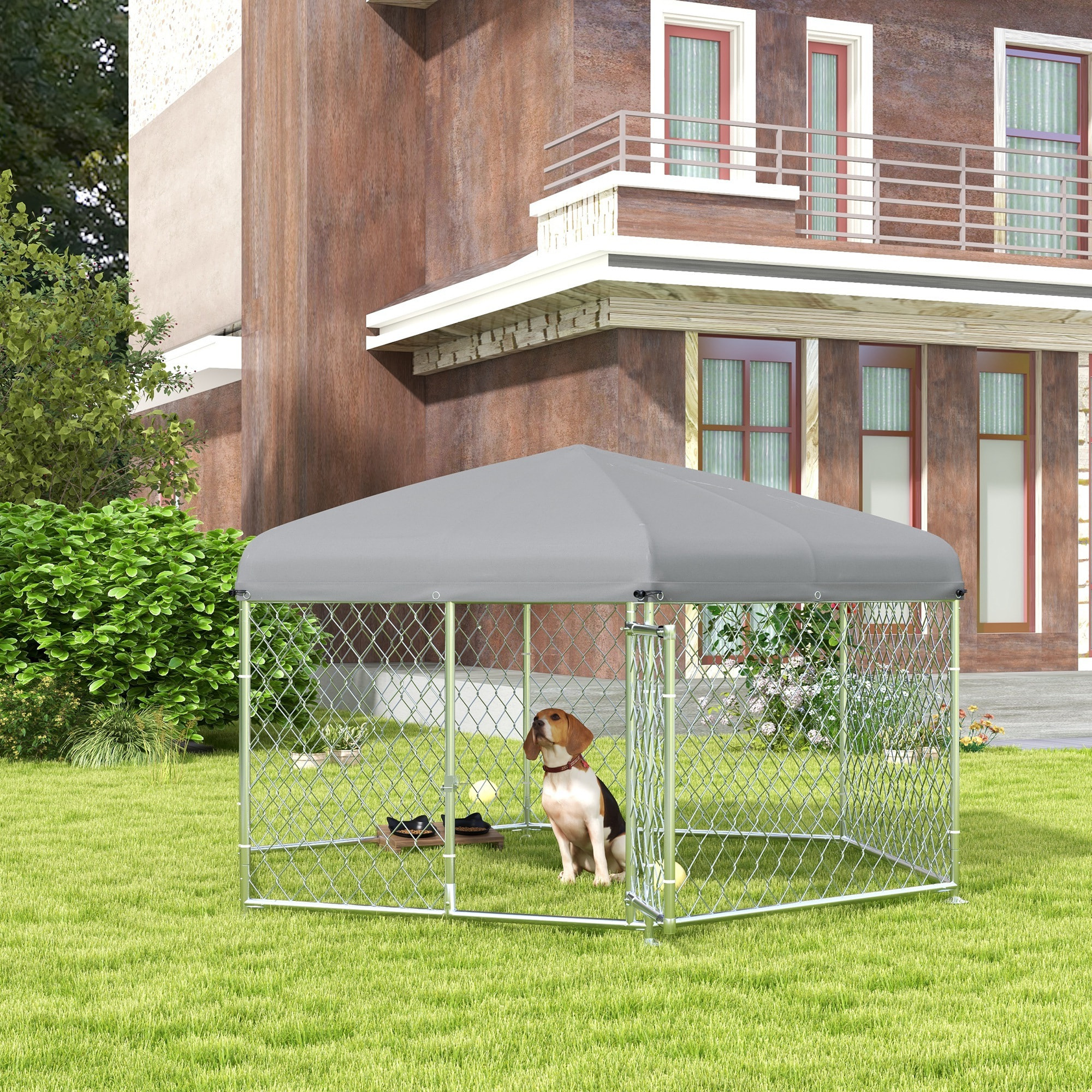 Perrera de Exterior Hexagonal Jaula para Perros con Puerta Marco de Acero Galvanizado y Toldo Impermeable y Anti-UV 210x185x150 cm Plata