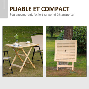 Table de jardin camping pliable plateau à lattes dim. 70L x 70l x 70H cm espace parasol bois sapin pré-huilé