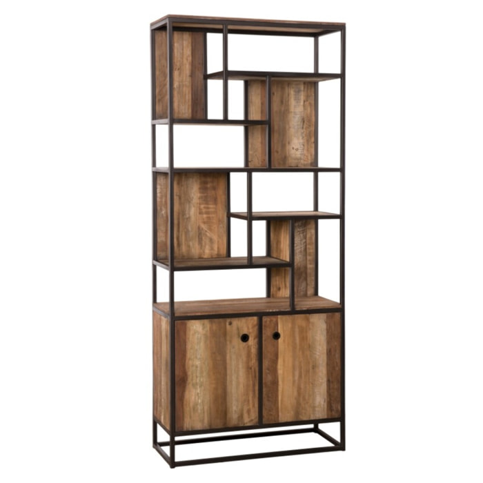SIXTINE - Bibliothèque haute 2 portes 10 open space Teck recyclé Acacia Mahogany recyclé et métal