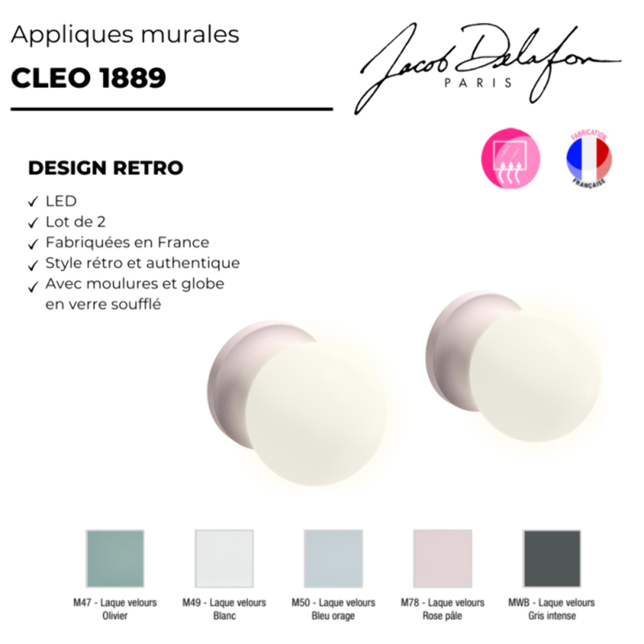 Paire d'appliques murales Cléo 1889 Rose pâle velours