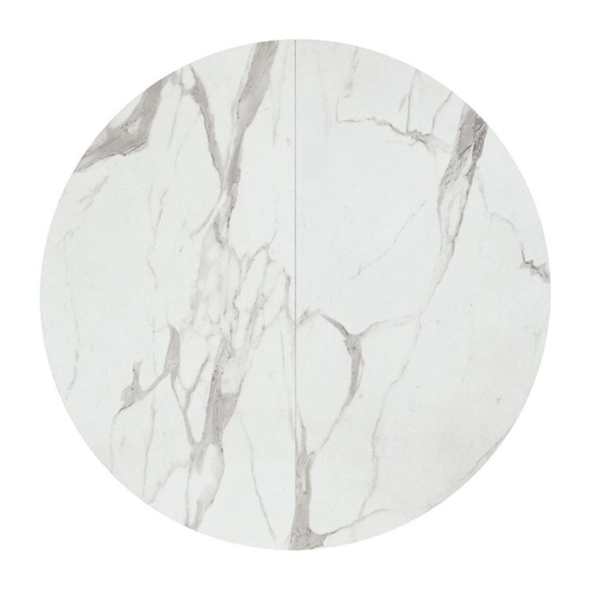 Tavolo rotondo PANTELLERIA in legno, finitura bianco statuario e gambe in metallo nero, allungabile Ø120xH75,3 cm - 170x120x75,3 cm