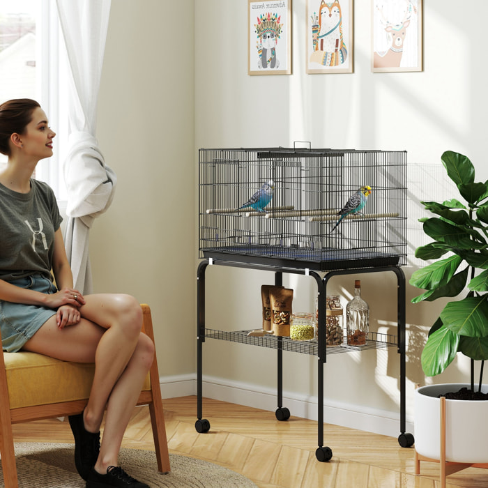Jaula para Pájaros con Divisor Jaula con Ruedas para Mascota Aves Loros Canarios Pajarera con Comederos Perchas y Bandeja Extraíble 76x46x116 cm Negro