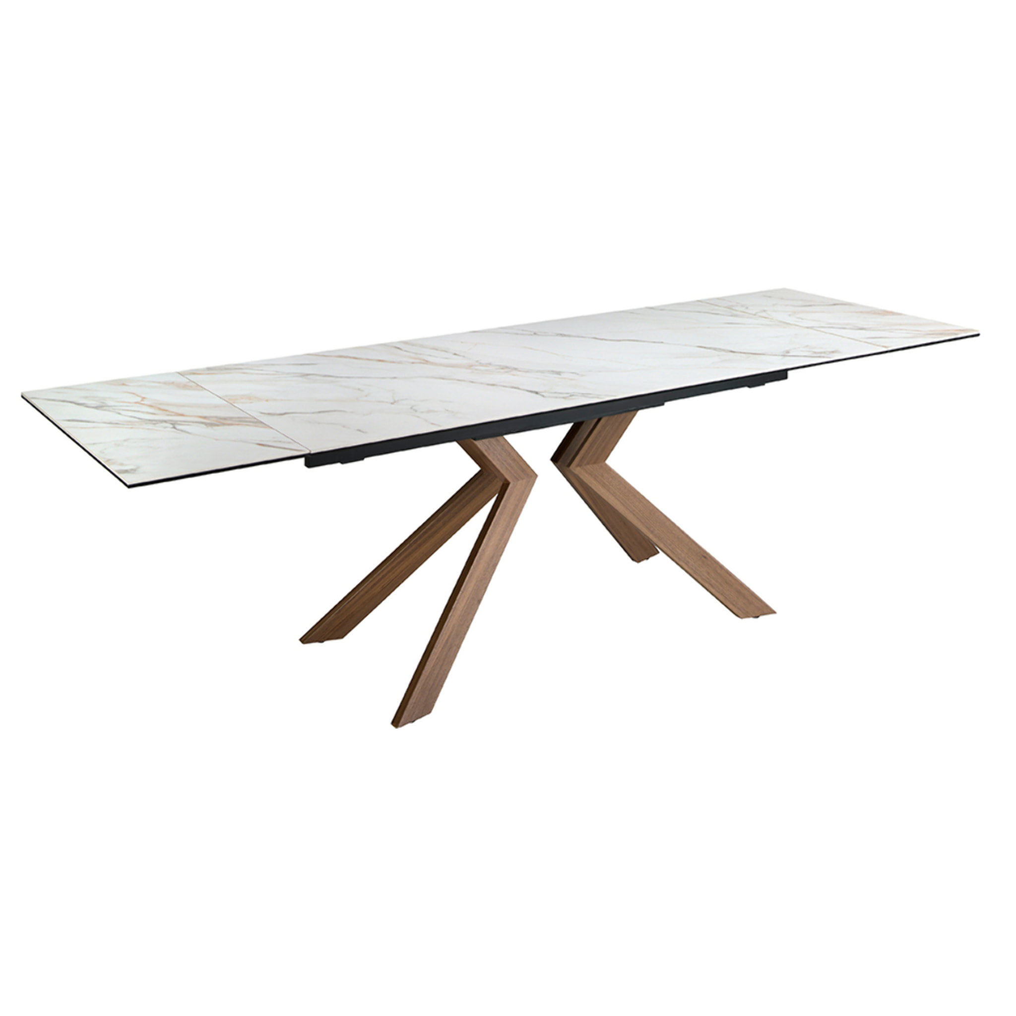Mesa comedor extensible rectangular con tapa de mármol porcelánico blanco con vetas en tonos grises y marrones en mate 180x90x76cm