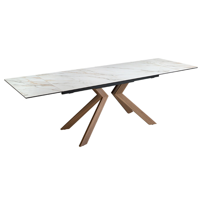 Mesa comedor extensible rectangular con tapa de mármol porcelánico blanco con vetas en tonos grises y marrones en mate 180x90x76cm