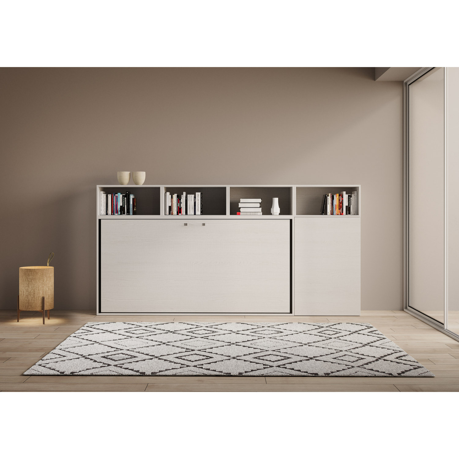 Armoire lit escamotable horizontal 1 couchage 85 Kando avec matelas composition A Frêne Blanc