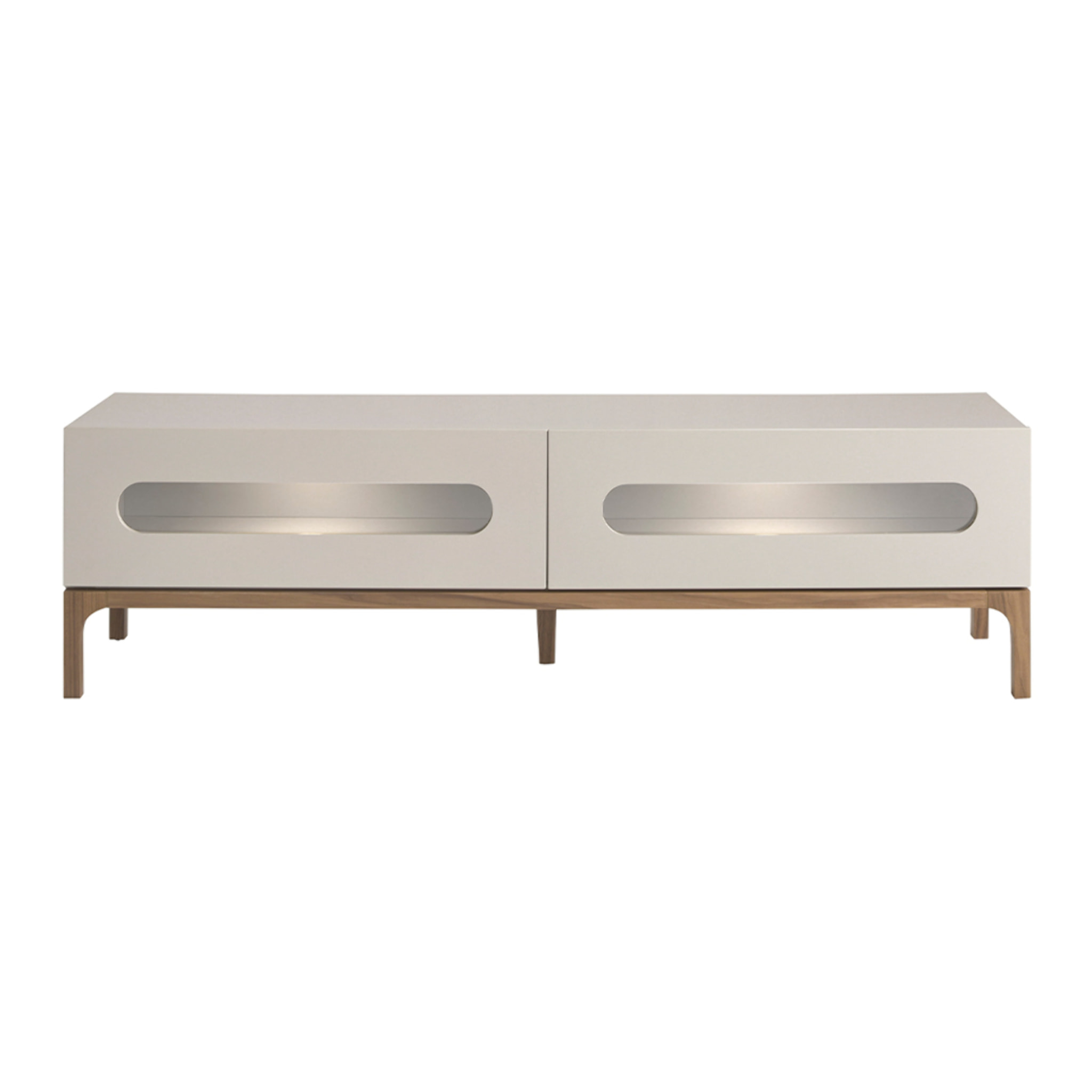 Mueble TV Angel Cerdá con estructura de madera de MDF en gris y patas de madera en nogal con iluminación interior 180x41x51cm