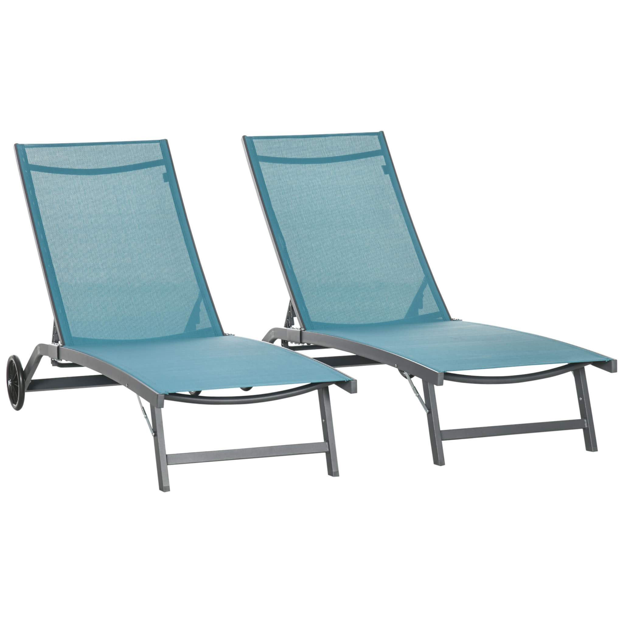 Pack de 2 Tumbonas de Jardín Exterior Tumbonas Reclinables de Aluminio con Respaldo Ajustable de 5 Niveles y Ruedas para Playa Piscina 165x66x102 cm Azul y Gris