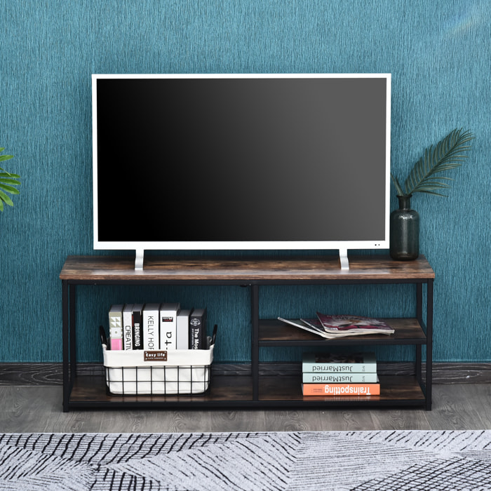 Meuble TV design industriel dim. 120L x 40l x 45H cm grand plateau 2 étagères panneaux particules coloris boisé métal noir