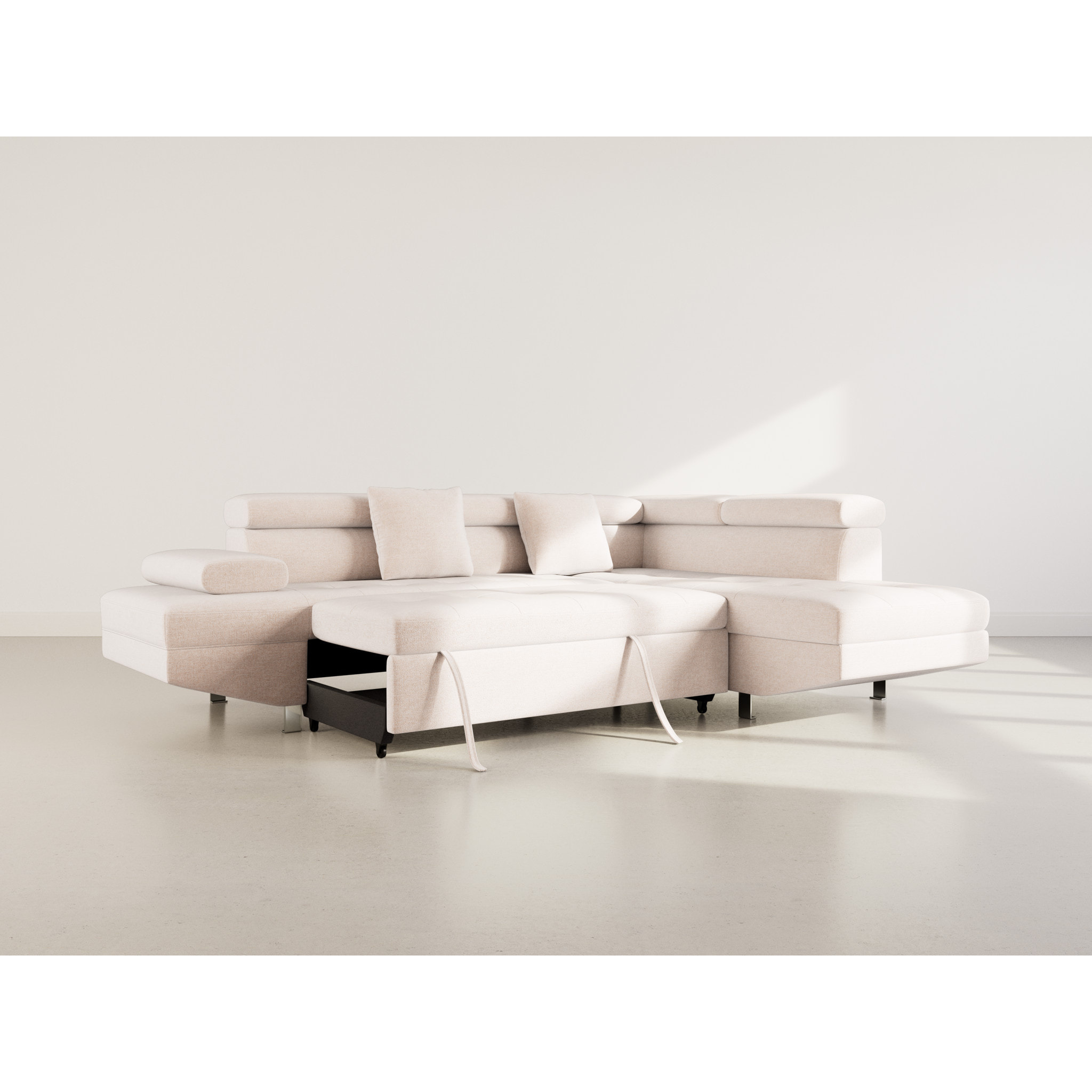 Margaux - Canapé d'angle droit 5 places convertible avec coffre et têtières réglables en velours texturé - Beige