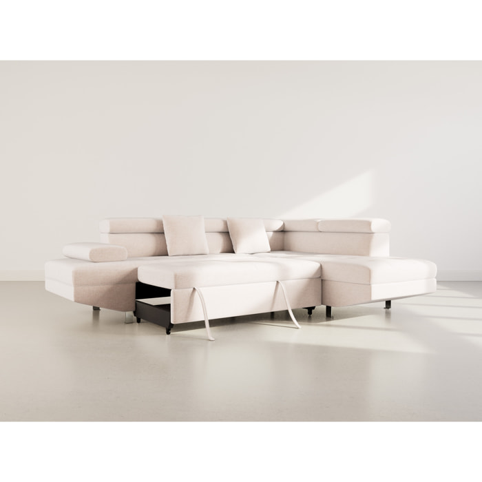 Margaux - Canapé d'angle droit 5 places convertible avec coffre et têtières réglables en velours texturé - Beige