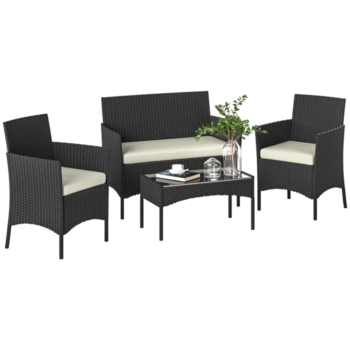 Conjunto Jardín Exterior de Ratán con Cojines Conjunto Terraza Resistente a la Intemperie Muebles Jardín Exterior con 2 Sillones Sofá de 2 Plazas Mesa con Cristal Negro y Crema