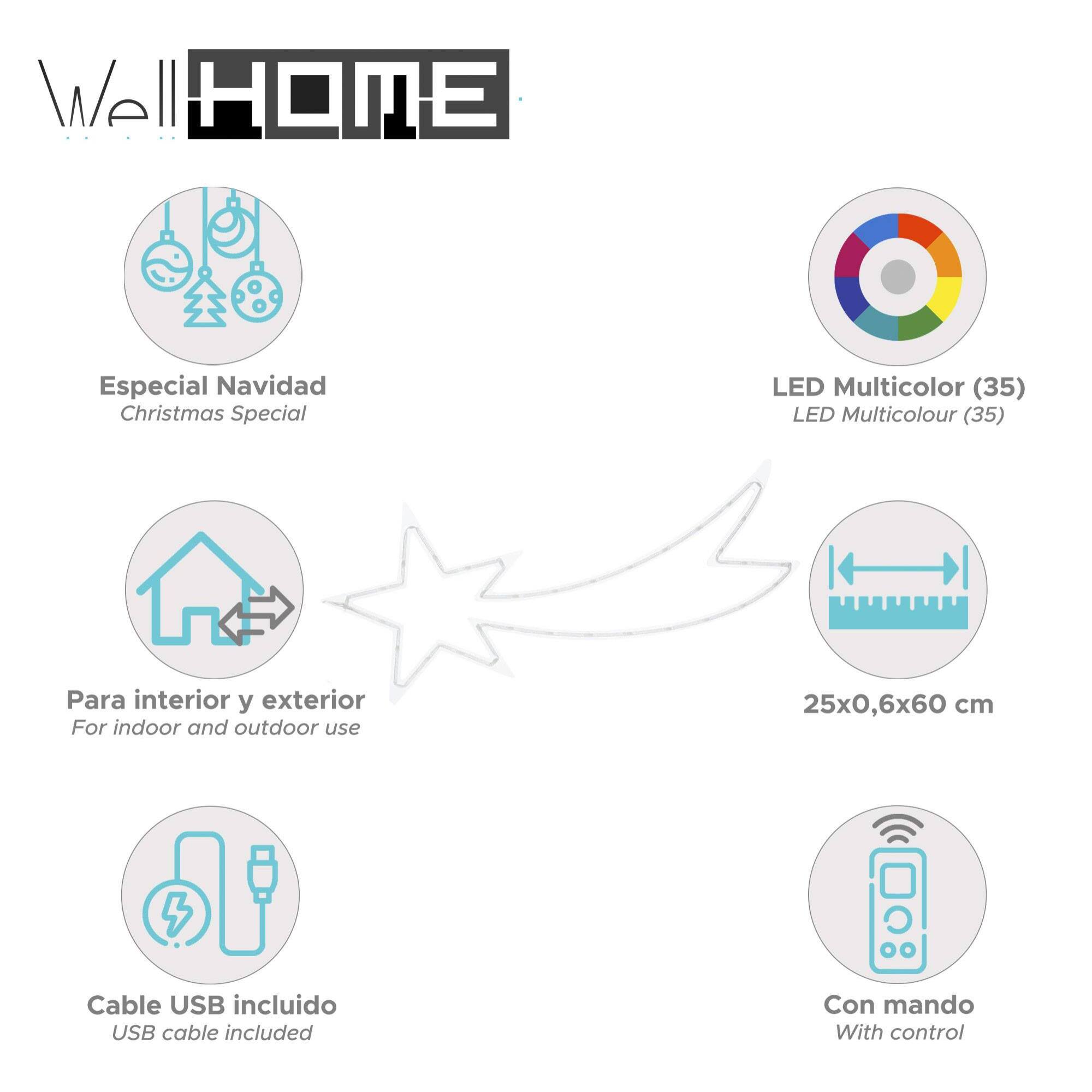 iluminación navideña estrella fugaz con 35 luces led rgb con controlador 25x0,6x60cm