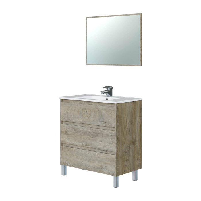 Mobile sottolavabo Lancaster, Mobiletto per bagno, Armadio a 3 cassetti e specchio, lavabo non incluso, cm 80x45h86, Rovere