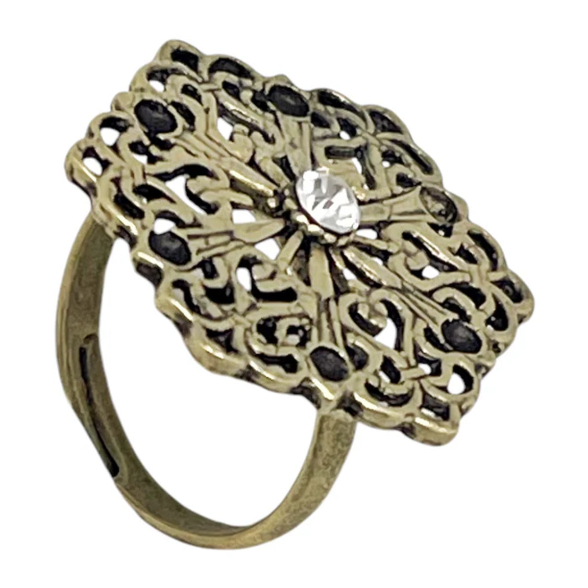 Anillo Retro cristal negro y dorado envejecido chapado