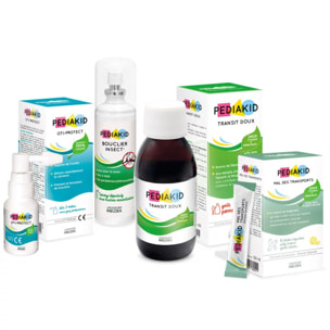 PEDIAKID Box Vacances - Spray Anti-Moustiques & Anti-Démangeaisons - Spray Nettoyant Oreille - Sirop Prébiotiques pour Transit Intestinal - Sticks contre Nausées & Vomissements