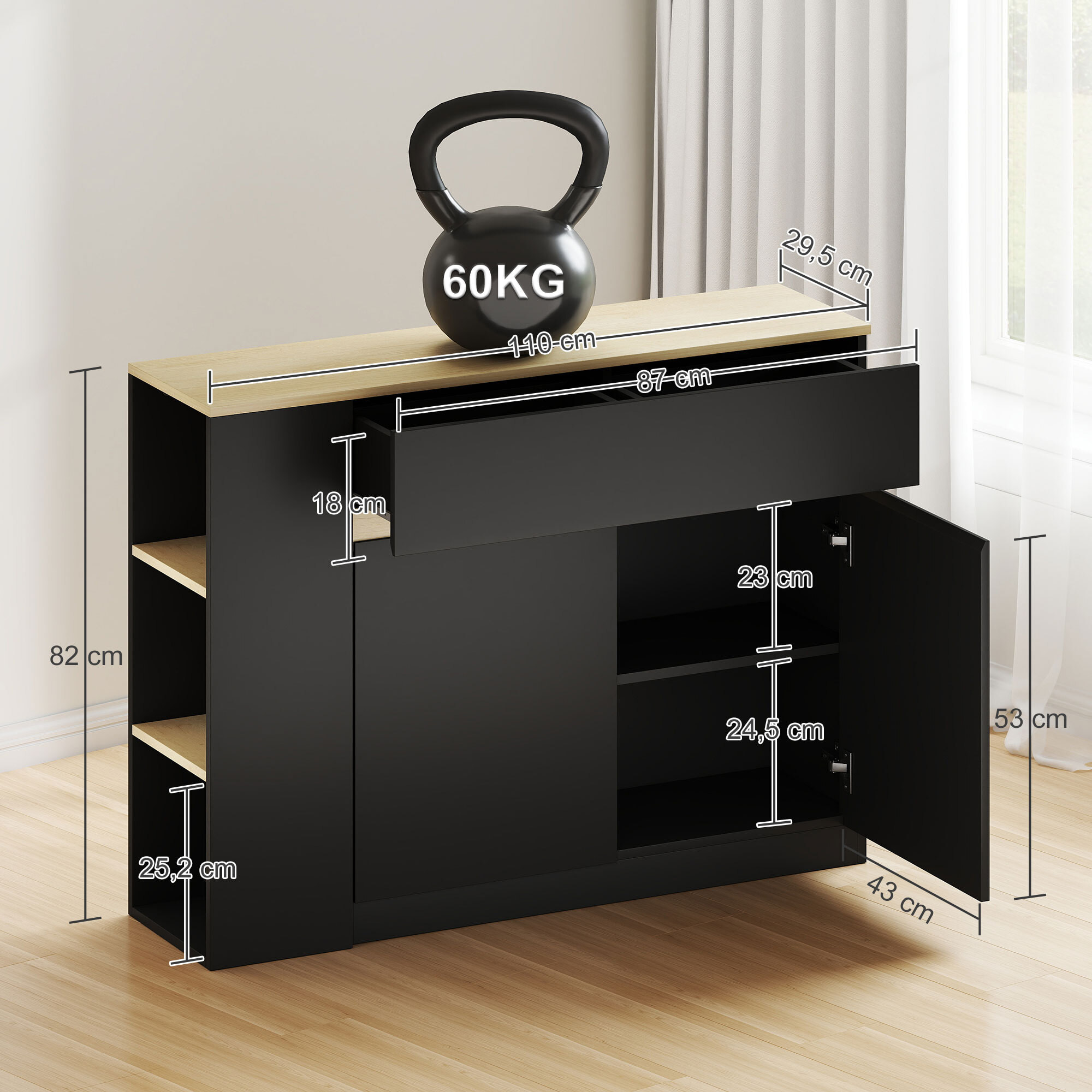 Aparador de Cocina, Armario de Cocina Estrech con 2 Cajones, 3 Estantes Abiertos, 2 Puertas, Estante Ajustable, Aparador Nórdico para Comedor, 110x29,5x82 cm, Negro