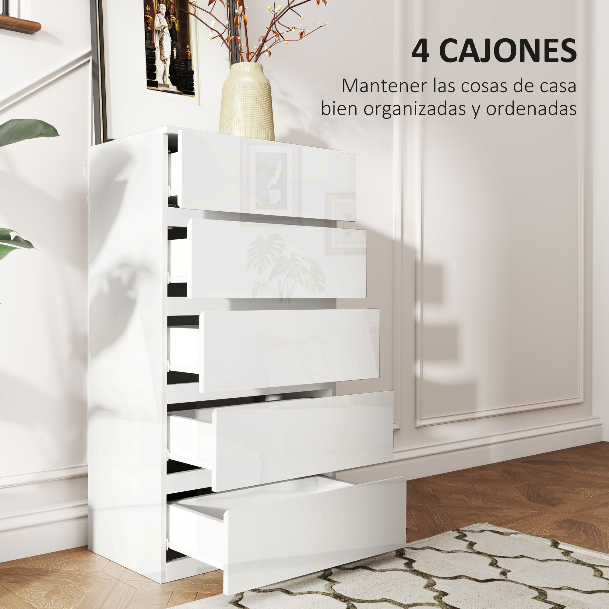 Cómoda con 5 Cajones Cómoda de Dormitorio Moderno con Diseño Anti-vuelco Cajonera para Salón Pasillo 55x33x100 cm Blanco Brillante