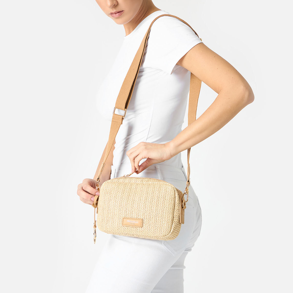 Mini bag donna beige in raffia